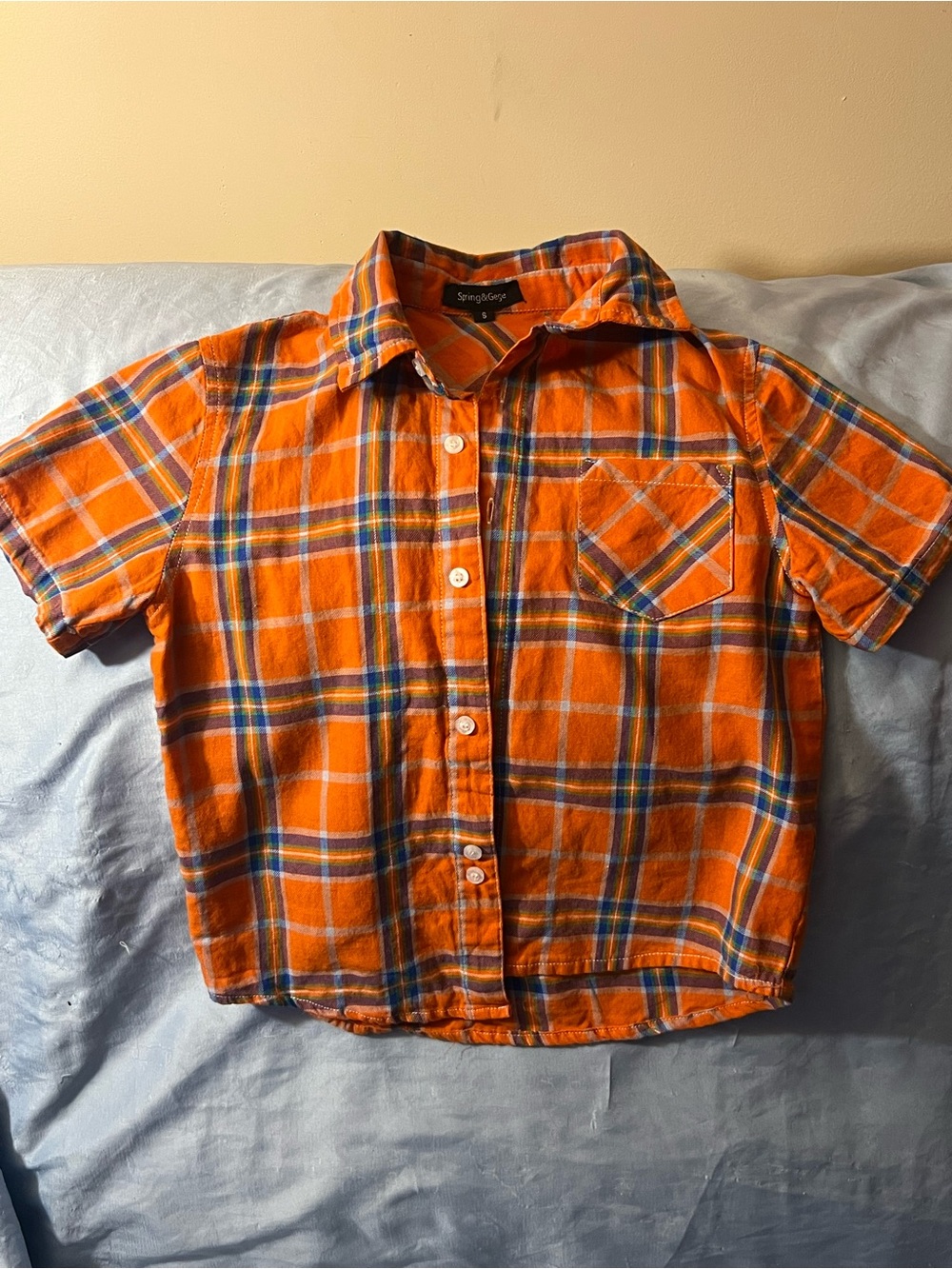 Orange Plaid Short-Sleeve Button-Up Shirt for Kids